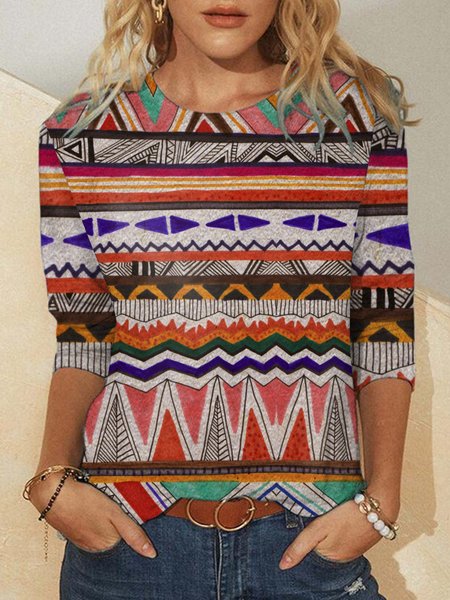 

Ethnic Pattern Print Crew Neck Shirts & Tops, As picture, Hoodies&Sweatshirts