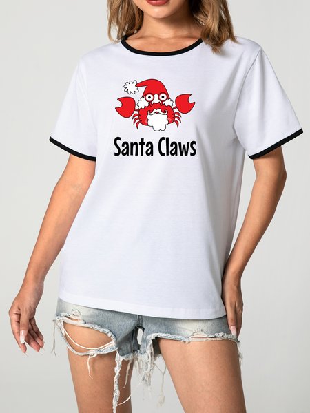 

Unocis Christmas Print Crew Neck Short Sleeve Ringer Tee, Black, T-shirts