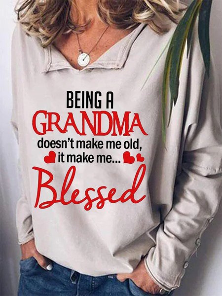

Blessed Grandma Letters Printed Long Sleeves Shawl Collar Plus Size Casual Tops, Gray, T-Shirts