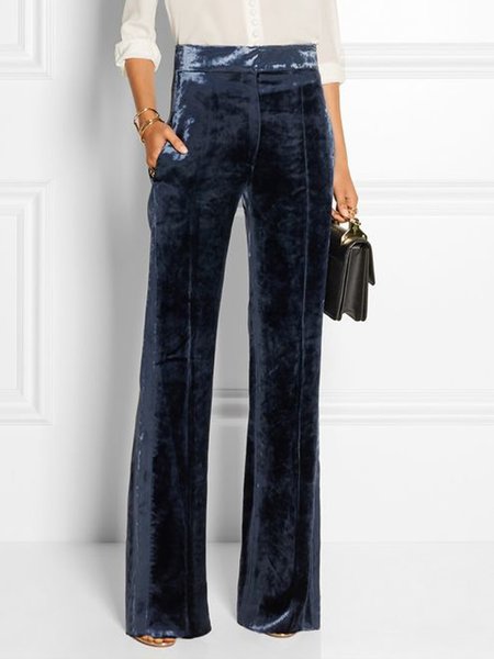 Velvet Solid Straight Leg Pants, Blue, Wide Leg Pants