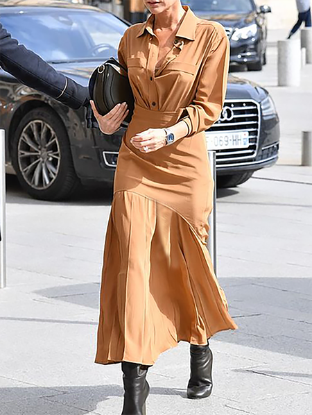 

Plus size Elegant Long Sleeve Dresses, Khaki, Maxi Dresses