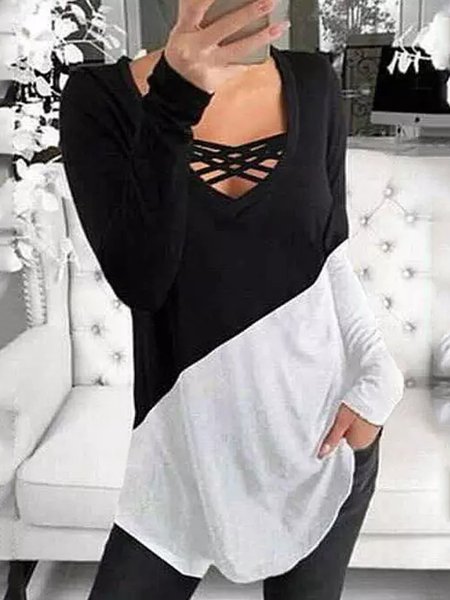 

Casuale Scollo a V Multicolore Maniche Lunghe Camicie & Top, Nero, Blouses & Shirts