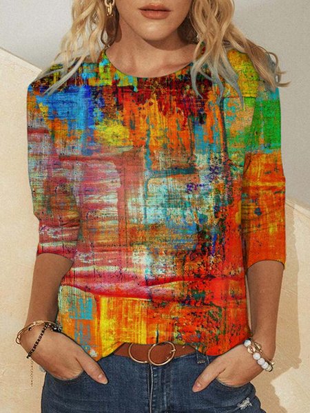 

Oil Painting Print Crew Neck Shirts & Tops, As picture, Hoodies&Sweatshirts