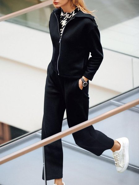 

Daily Solid Regular Fit Long Sleeve Suit, Black, Two-piece Set