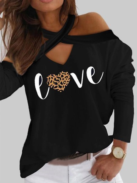 

Love Leopard Letters Printed Long Sleeves Plus Size Casual Tops, Black, T-Shirts