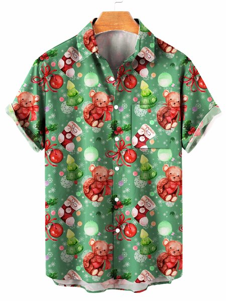 

Merry Christmas Bear Shirt Collar Short Sleeve Shirts & Tops, Green, Shirts