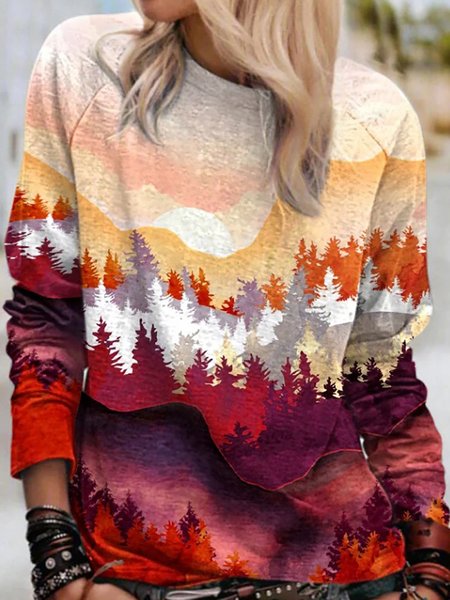 

Crew Neck Vintage Landscape painting Long Sleevs Tops, Apricot, Tops