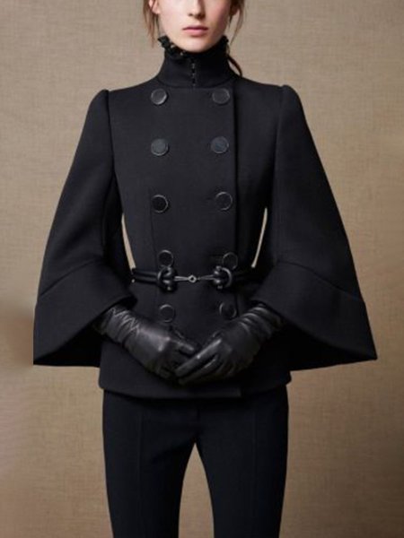 

High Neck Plain Regular Fit No Belt Overcoat, Black, Coats