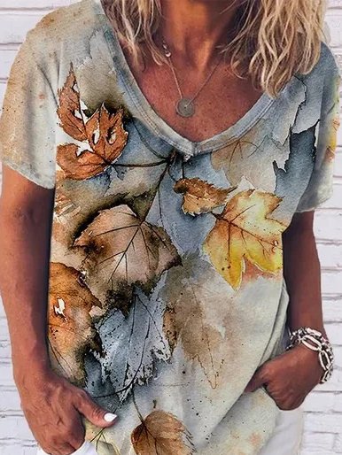 

Vintage Leaf Print Lady's V Neck Shirts & Tops, As picture, T-shirts