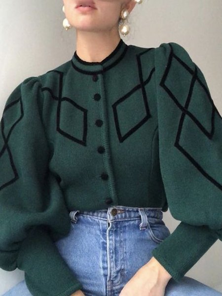 

Collarless Vintage Geometric Outerwear, Green, Cardigans