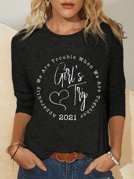 

Letters Printed Long Sleeves Crew Neck Plus Size Casual Tops, Black, T-Shirts