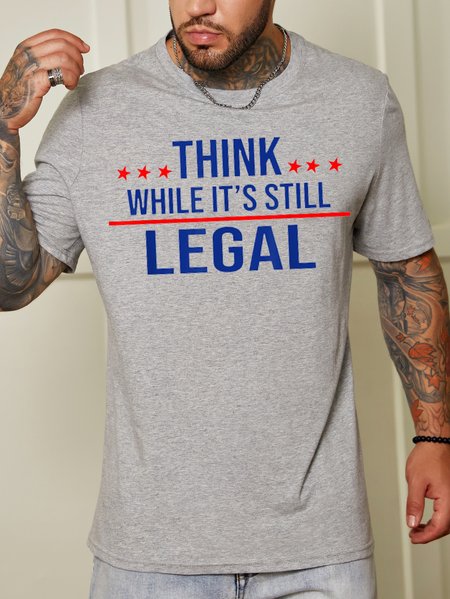 

Fun letter print round neck cotton short-sleeved T-shirt, Gray, T-shirts