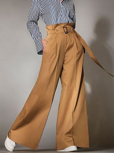 

Long Plain Elegant With Belt Pants, Yellow brown, Wide Leg Pants