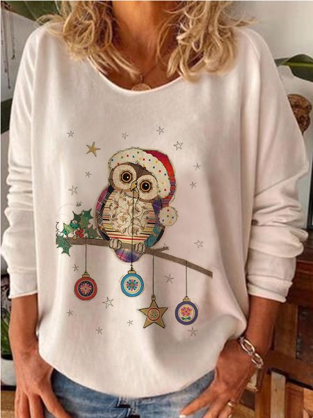 

Casuale Girocollo Animale Maniche Lunghe Natale Top, Bianco, Blouses & Shirts
