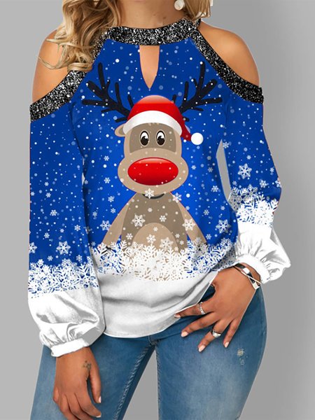 

Long Sleeves Christmas Snowman Halter Shirts & Tops, Blue, Hoodies & Sweatshirts