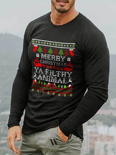 

Christmas Graphic Long Sleeve Loose T-shirt, Black, T-shirt