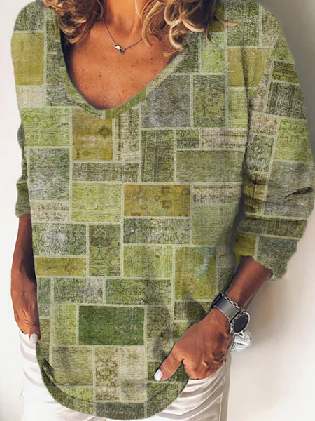 Plus size Casual Geometric Printed Loosen T-shirt, Green, T-Shirts
