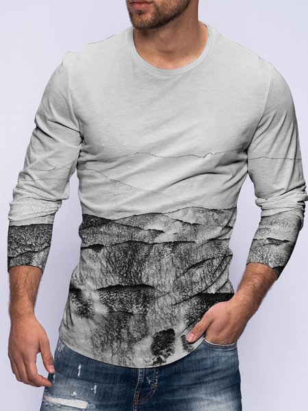 

Ink Landscape Graphic Long Sleeve Casual T-shirt, Gray, T-shirts