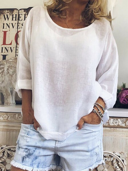 

Solido Allentare Maniche Lunghe Top, Bianco, Blouses & Shirts