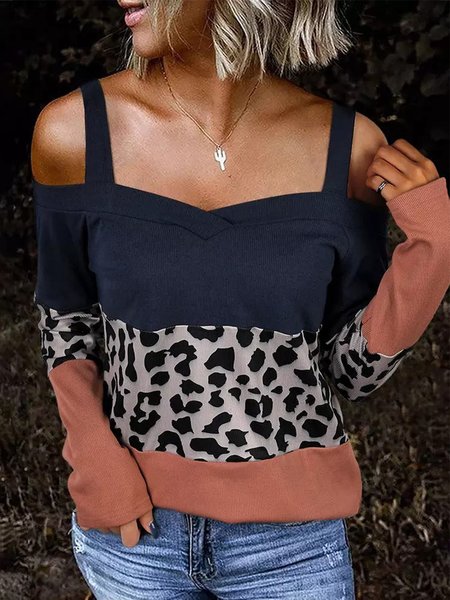 

Casual Loosen Off the shoulder Color Block Shirts & Tops, As picture, Tops