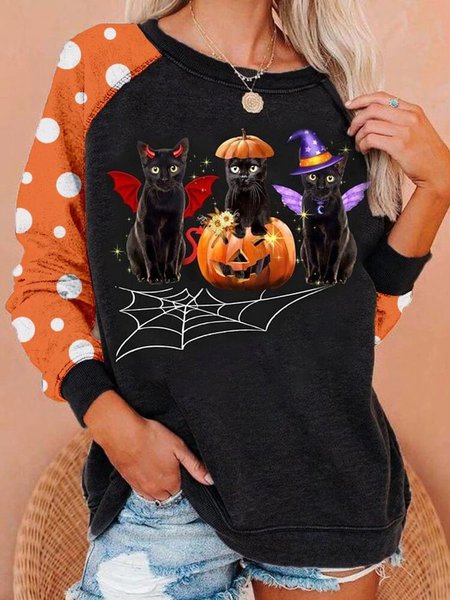 

Color-block Polka Dots Halloween Pumpkin Cats Printed Long Sleeve Crew Neck Plus Size Casual Sweatshirts, Multicolor, Hoodies & Sweatshirts