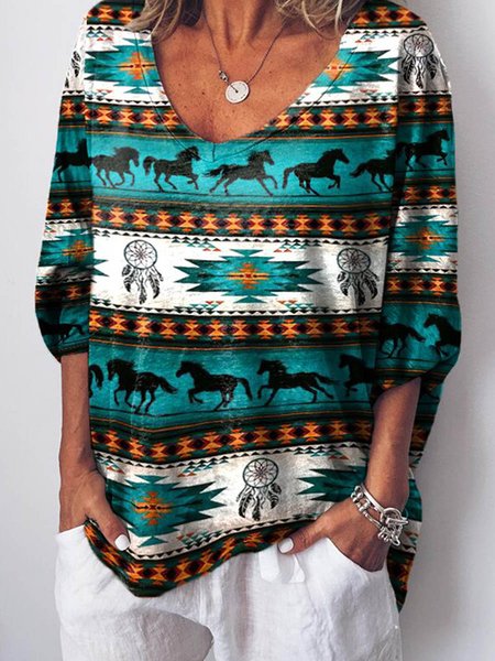 

V Neck Boho Loosen T-shirt, Blue, T-Shirts