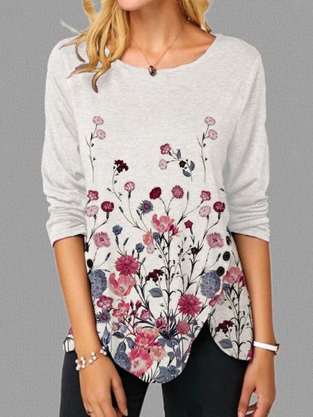 

Floral Printed Loosen Casual Round Neck Long Sleeve Shirts & Tops, White, Tops