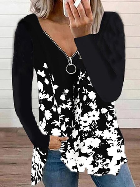 

Floreale Allentare Scollo a V Top, Nero, Blouses & Shirts