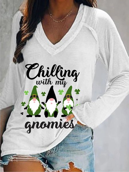 

Casuale Maniche Lunghe Scollo a V taglia grande Stampato Top T-shirts, Bianco, T-Shirts