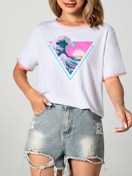 

Unocis Fun Pattern Print Round Neck Short Sleeve Ringer Tee, Pink, T-shirts