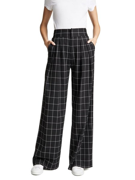 

Long Tailored Vintage Grid Loosen Pants, Black, Wide Leg Pants