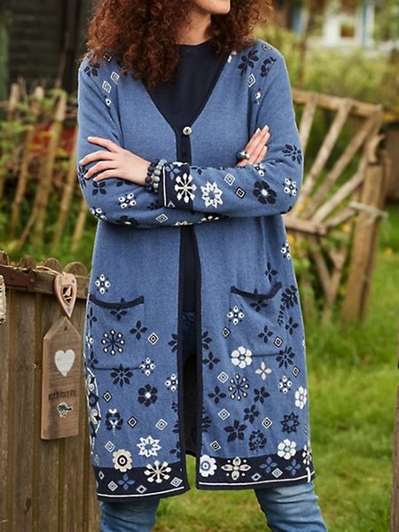 

Casual V Neck Outerwear, Blue, Outerwear