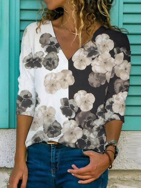 

Cotton Blends Floral Shirts & Tops, Black-white, T-Shirts