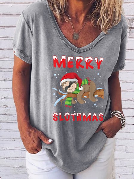 

Christmas sloth print V-neck short-sleeved T-shirt, Gray, T-shirts