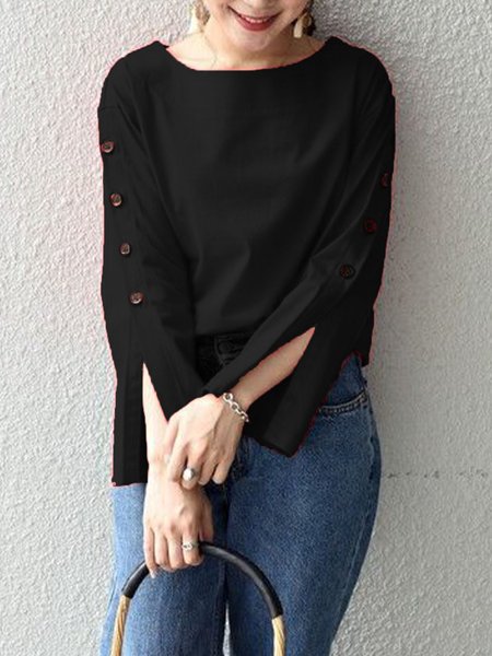 

Casual Plain Crew Neck Long Sleeve Top, Black, Tops
