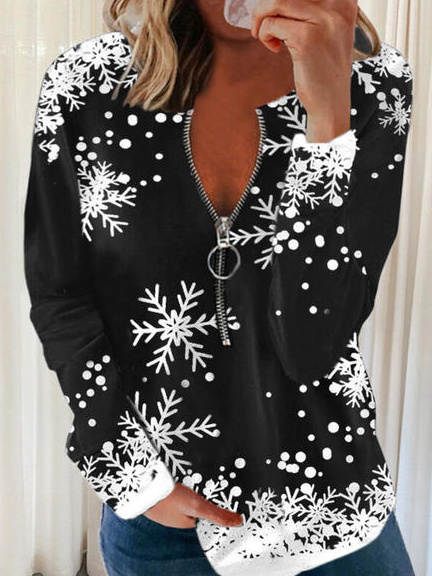 

Womens Casual V Neck Pullover Snowflake Print Long Sleeve Zip Sweatshirt, Black, Sweatshirts & Hoodies