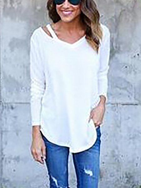 

Solid V Neck Casual Long Sleeves Tops, Off white, Tops