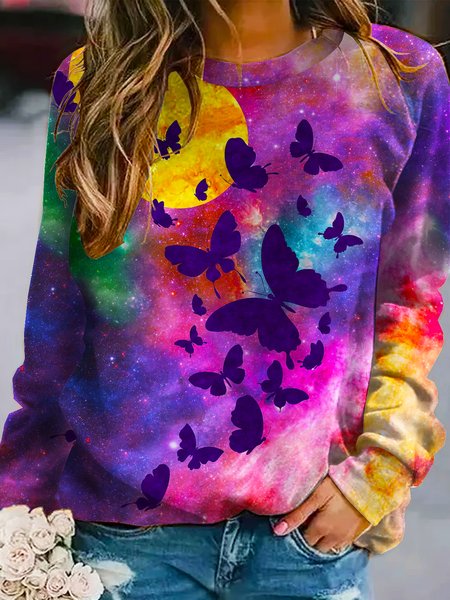 

Butterflies Round Neck Sweatshirt, As picture, Hoodies&Sweatshirts