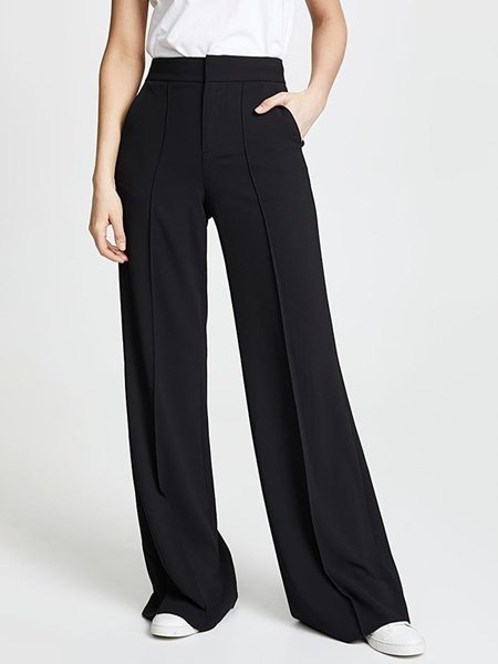Long Tailored Plain Regular Fit Pants, Black, Wide Leg Pants