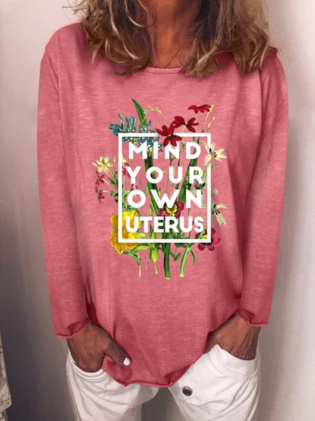 

Casual floral letter print round neck long sleeve T-shirt, Pink, Long sleeves