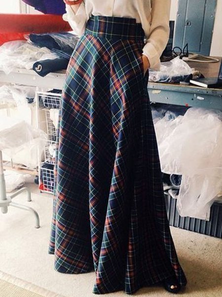 

Long Vintage Grid Daily Skirt, As picture, Wide Leg Pants