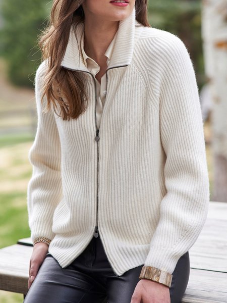 

Stand Collar Casual Loosen Outerwear, White, Outerwear
