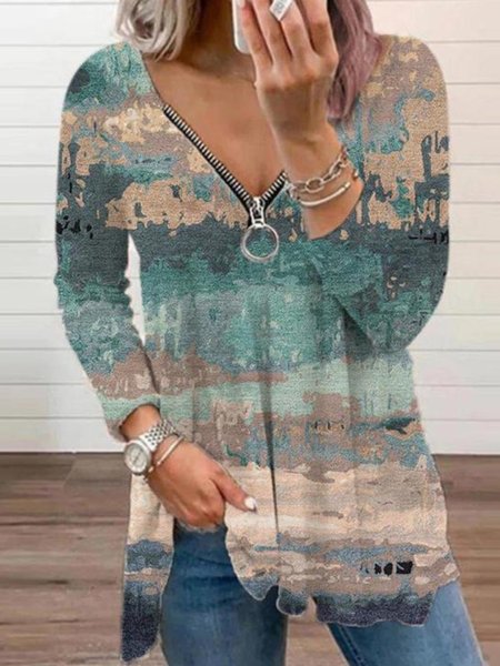 

Casual Long Sleeve V Neck Printed Top, Multicolor, Tops
