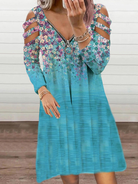 

V neck Floral Sexy Cotton Blends Knitting Dress, Sky blue, Mini Dresses