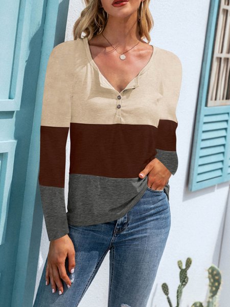 

Color Block Notched Cotton Blends Tops, Brown, Tops