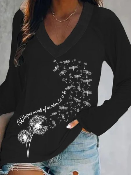 

Casual Long Sleeve V Neck Plus Size Printed Tops T-shirts, Black, T-Shirts