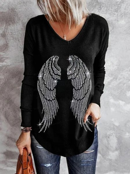 

Casual Long Sleeve V Neck Plus Size Tops T-shirts, Black, T-Shirts