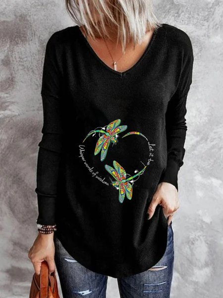 

Casual Long Sleeve V Neck Plus Size Printed Tops T-shirts, Black, T-Shirts