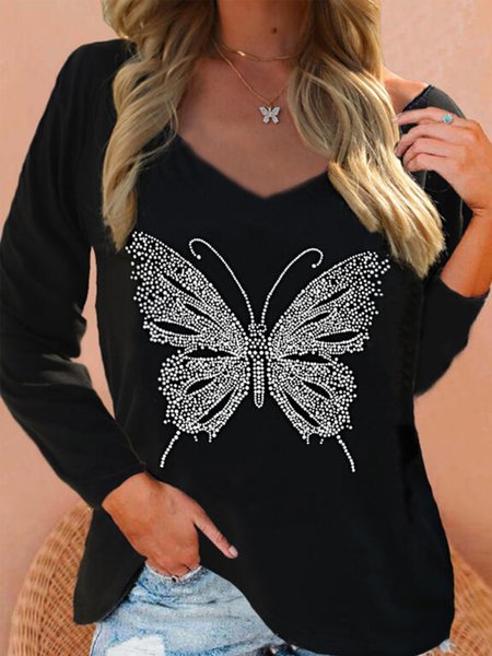 

Casual Long Sleeve V Neck Top, Black, Tops