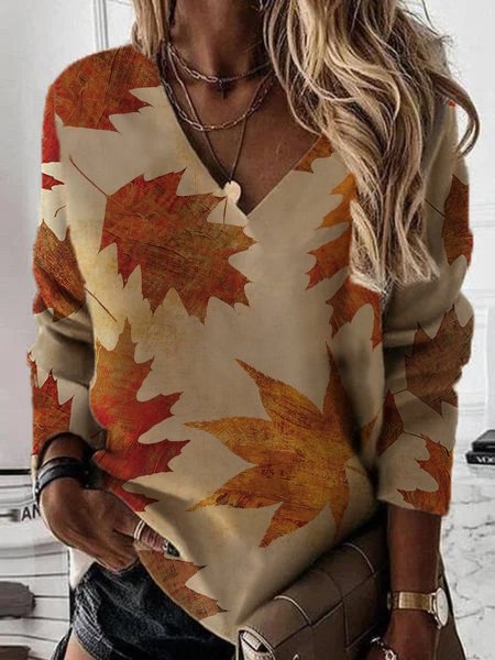 

V Neck Leaves Shirts & Tops, Khaki, Tops